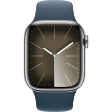 Apple Watch Series 9, Smartwatch(silber/dunkelblau, Edelstahl, 41 mm, Sportarmband, Cellular)