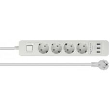 DeLOCK Steckdosenleiste 4-fach, 3x USB(weiß, 1,5 Meter Kabel, Überspannungsschutz, mit Schalter)