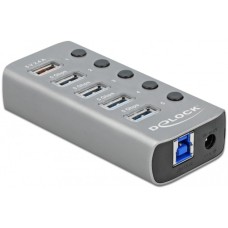 DeLOCK USB 3.2 Gen 1 Hub mit 4 Ports + 1 Schnellladeport, USB-Hub(grau, mit Schalter und Beleuchtung)