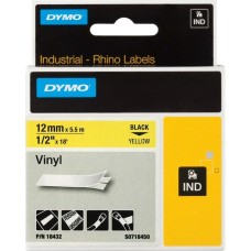Dymo Rhino IND ORIGINAL Schriftband Vinyl 12mm x 5,5m, schwarz auf gelb(permanent klebend, 18432)