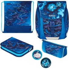 Herlitz FiloLight Plus Deep Sea, Schulranzen(dunkelblau/neon-blau, inkl. befülltem 16 tlg. Schüleretui, Faulenzer-Mäppchen, Sportbeutel)