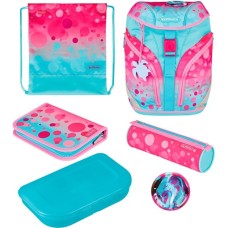 Herlitz SoftLight Plus GreenLine Pink Bubbles, Schulranzen(pink/hellblau, inkl. befülltem 16 tlg. Schüleretui, Faulenzermäppchen, Sportbeutel)