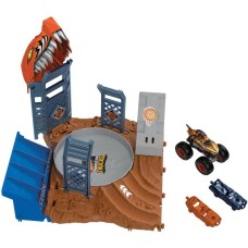 Hot Wheels Monster Trucks Arena World: Semi-Finals Asst - Tiger Shark's Spin Out Frenzy, Rennbahn(inkl. 3 Spielzeugautos)