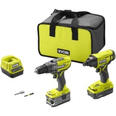 Ryobi ONE+ Akku-Schlagbohrschrauber- / Schlagschrauber-Set R18PDID2-252S, 18Volt(grün/schwarz, 2x Li-Ionen Akku (2,0Ah + 5Ah), Werkzeugtasche)