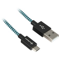 Micro-USB Stecker(schwarz/hellblau, 3 Meter, gesleevt)