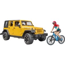 bruder Jeep Wrangler Rubicon Unlimited, Modellfahrzeug(gelb/schwarz, Inkl. Mountainbike und Radfahrer)